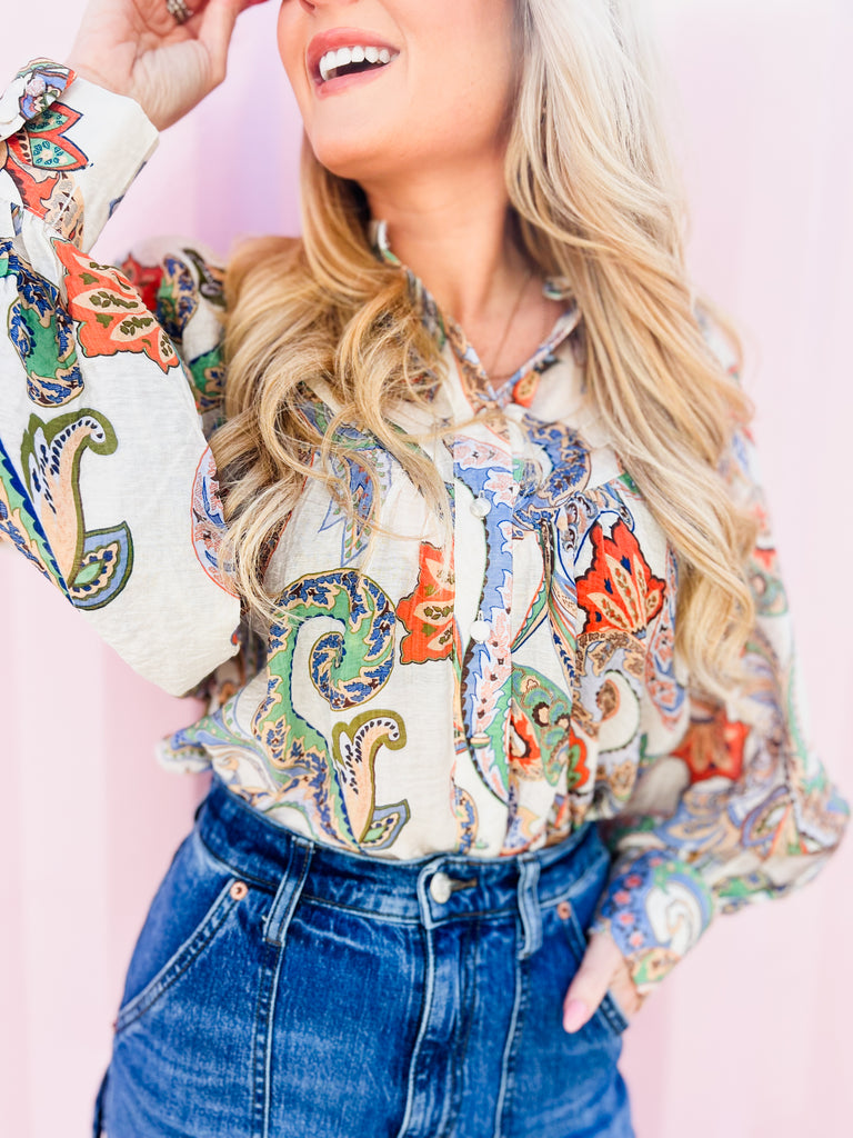 Taking Chances Front Button Paisley Top