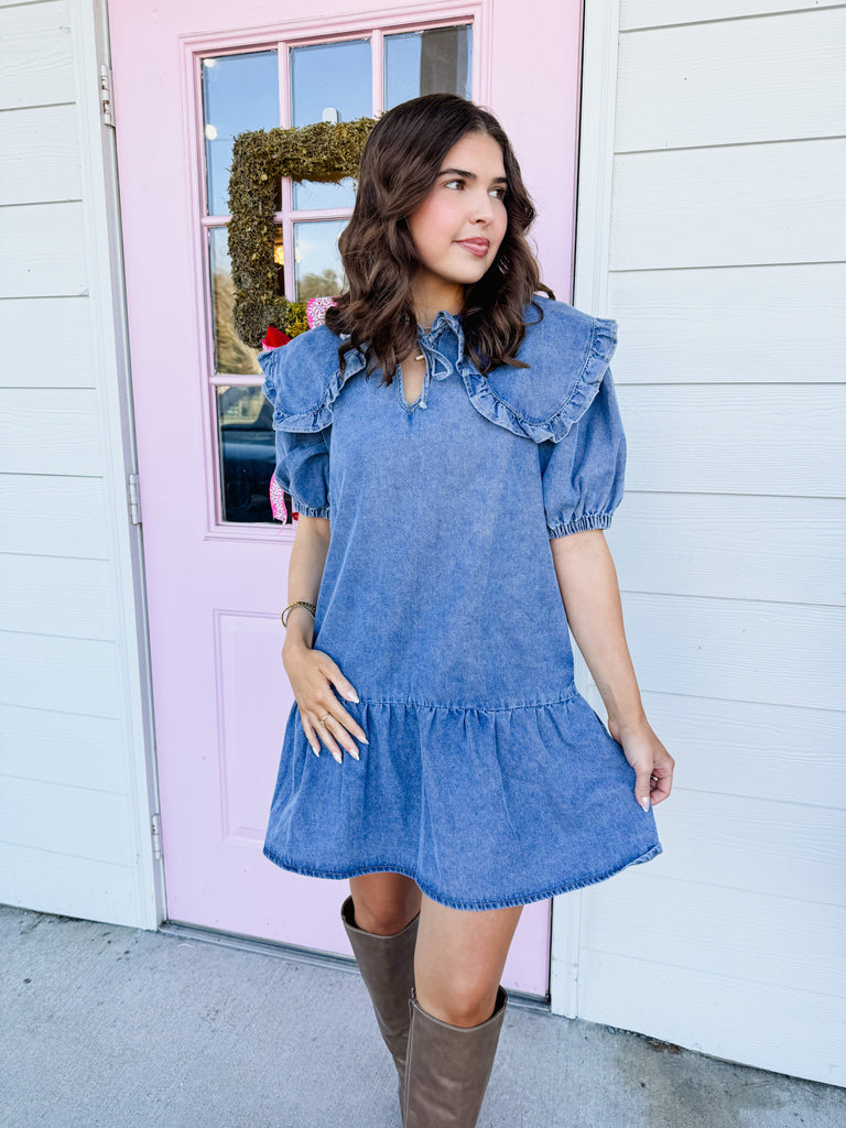 Enjoy The Day Ruffled Collar Denim Dress