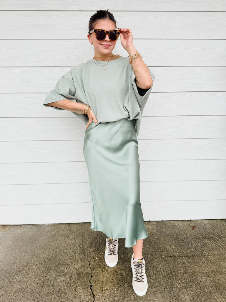 So It Goes Satin Midi Skirt - Sage Green