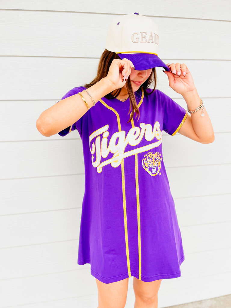 Queen of Sparkles Licensed LSU Tigers Baseball Jersey Tee Dress