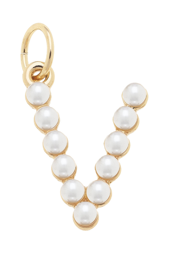 Pearl-Studded Letter "V" Charm in Ivory