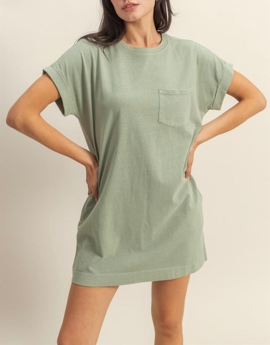 Unstoppable Front Pocket T-Shirt Dress - Sage Green