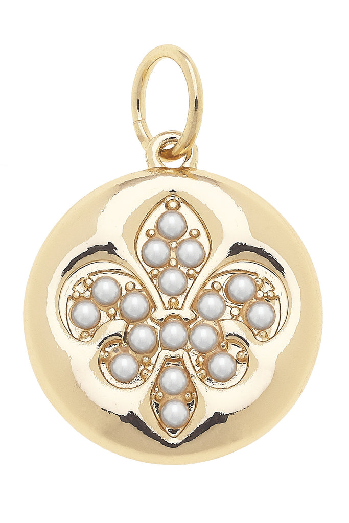 Pearl Studded Fler De Lis Charm in Shiny Gold